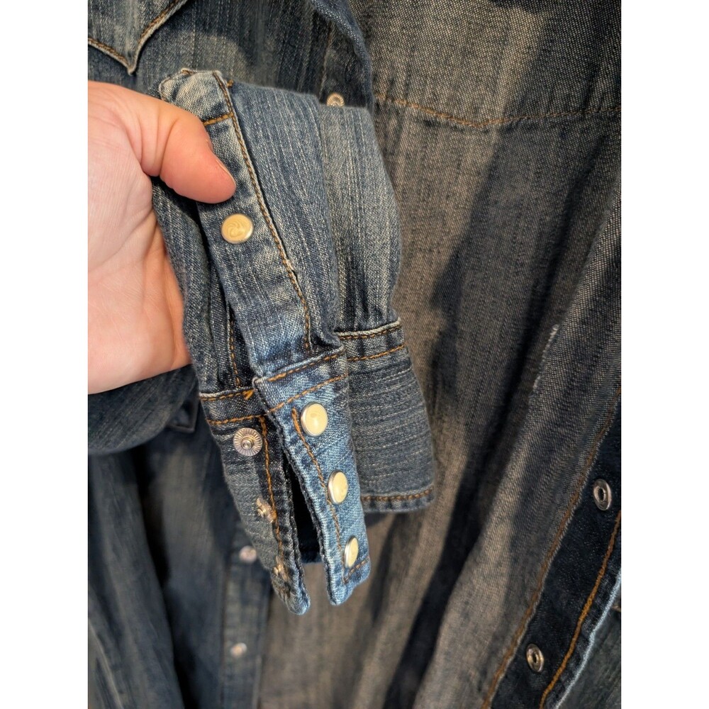 Wrangler XxL Western Denim Pearl Snap Shirt Raw Hem Blue Summer Chore 2xl - Picture 4 of 8